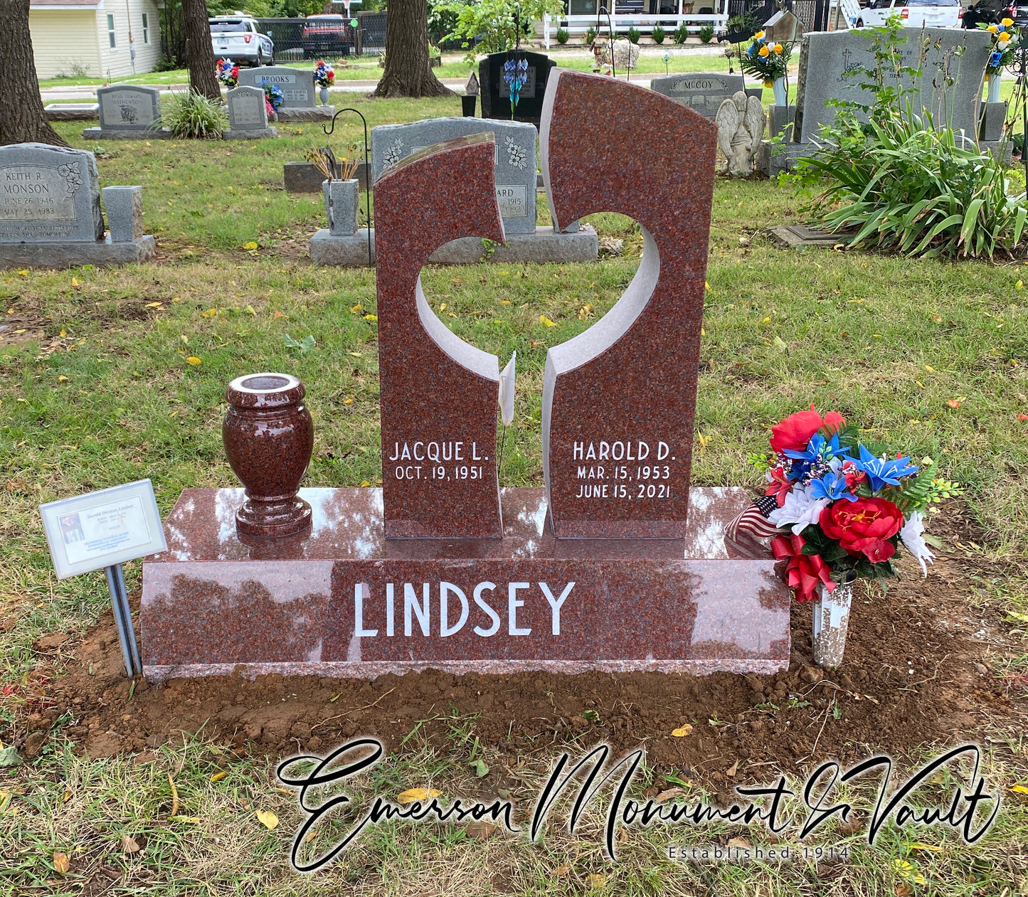 Emerson Monument Company Air Heart Memorial Headstone in India Red Granite