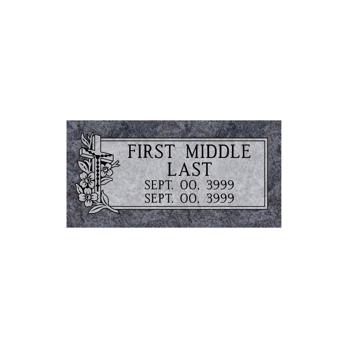 Emerson Monument Company Bahama Blue Granite Memorial Headstone Marker with Cross Flowers and Rosary