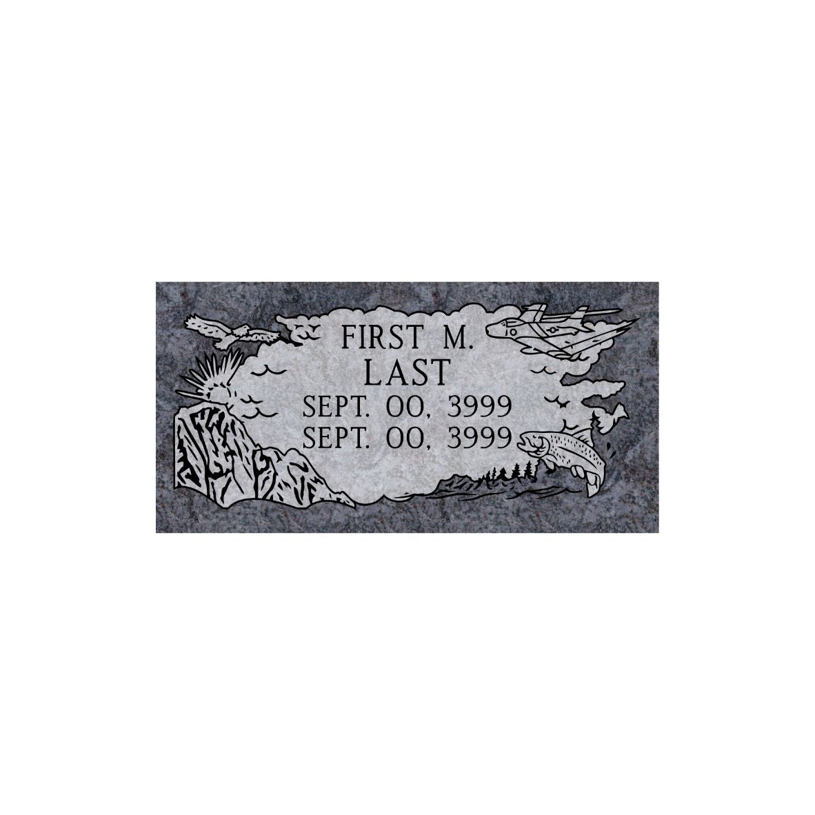 Emerson Monument Company Bahama Blue Granite Memorial Headstone Marker with Mountains Fish Airplane and Eagle