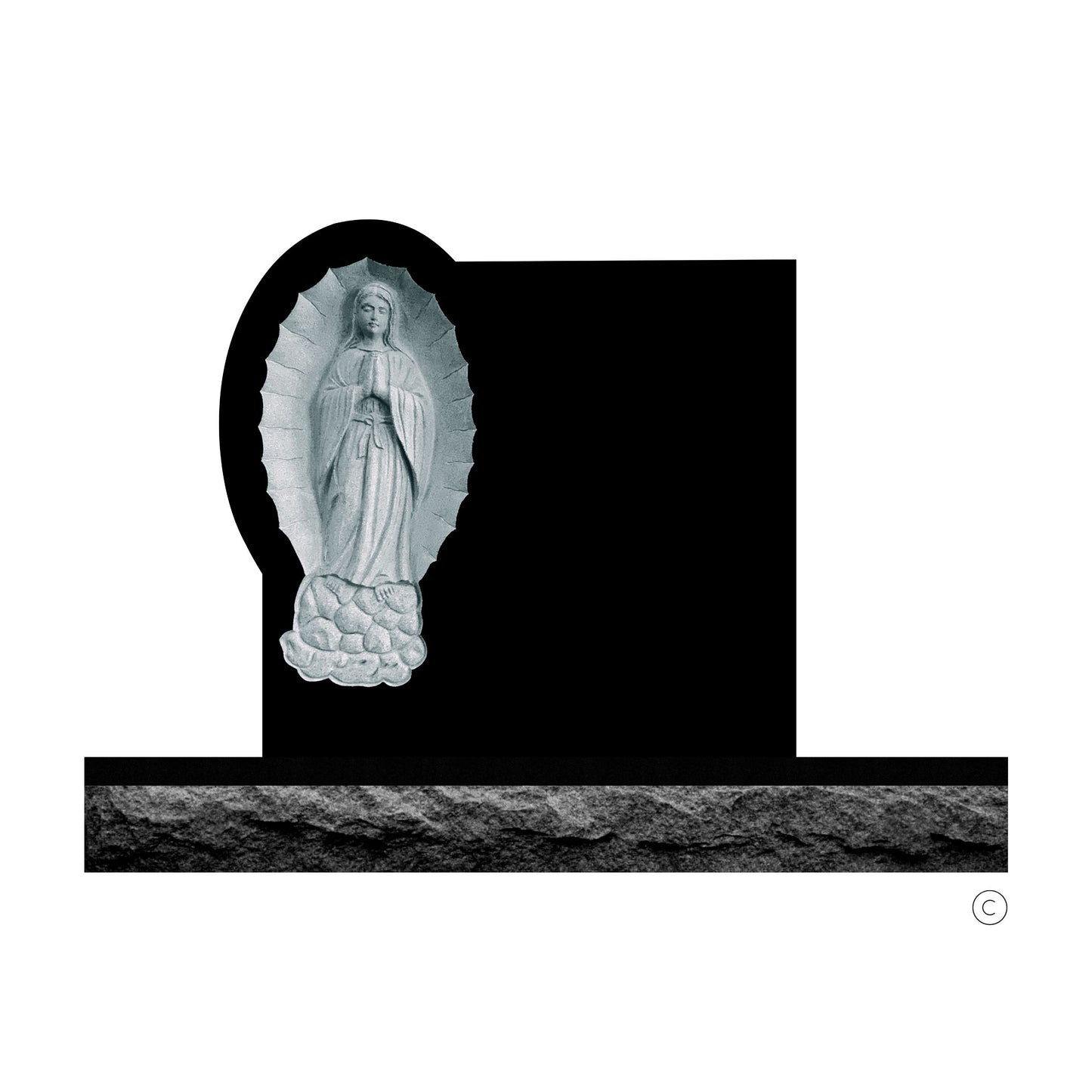 Emerson Monument Company Black Granite Headstone Cemetery Memorial Featuring Carved Lady Guadalupe