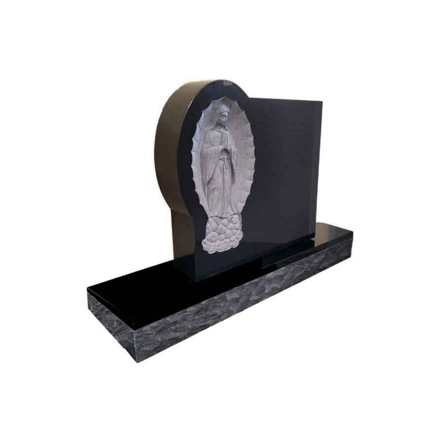 Emerson Monument Company Black Granite Headstone Cemetery Memorial Featuring Carved Lady Guadalupe