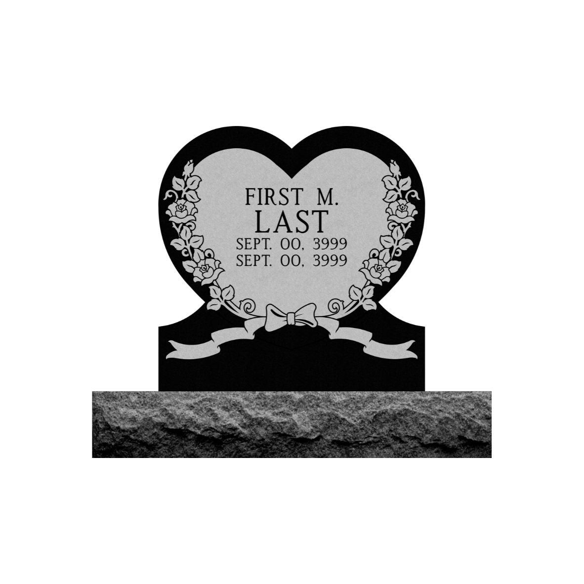 Emerson Monument Company Black Granite Heart Shaped Upright Memorial Headstone with Roses and Bow