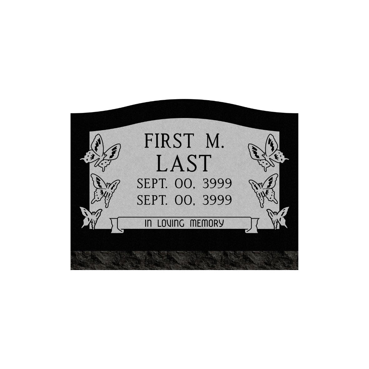 Emerson Monument Company Black Granite Single Slant Memorial Headstone with Butterflies