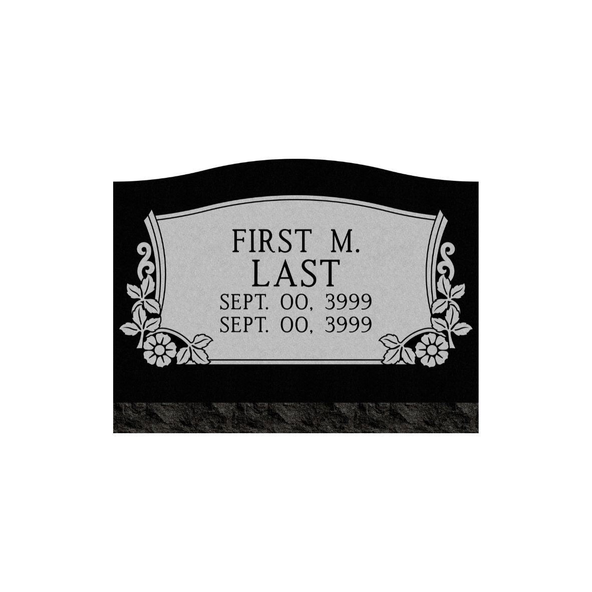 Emerson Monument Company Black Granite Single Slant Memorial Headstone with Flowers in Bottom Corners