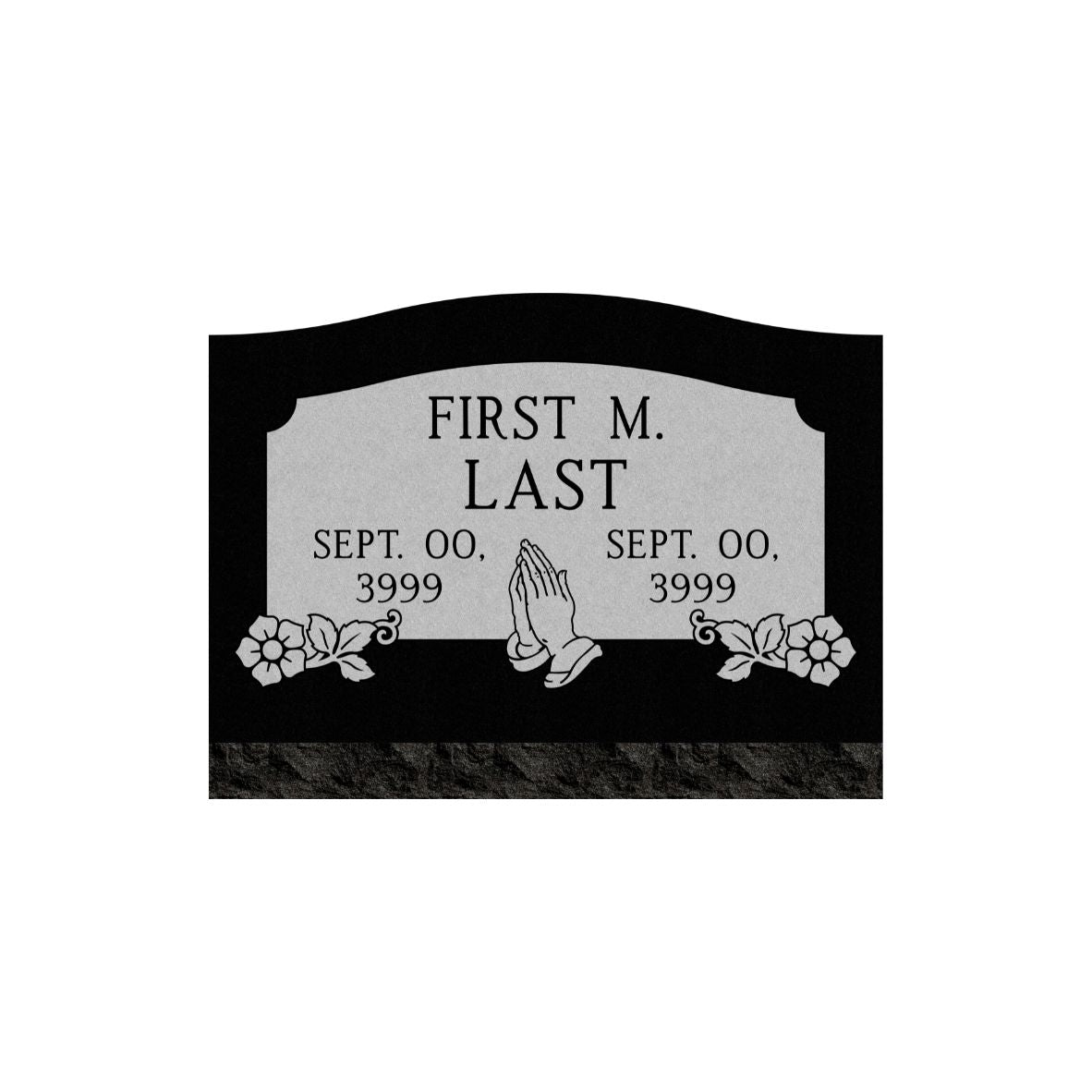 Emerson Monument Company Black Granite Single Slant Memorial Headstone with Praying Hands and Flowers