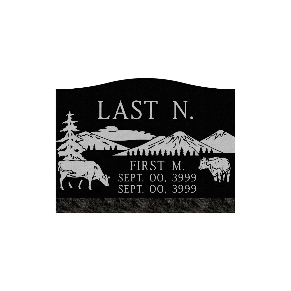 Emerson Monument Company Black Granite Single Slant with Mountains Cattle Cows