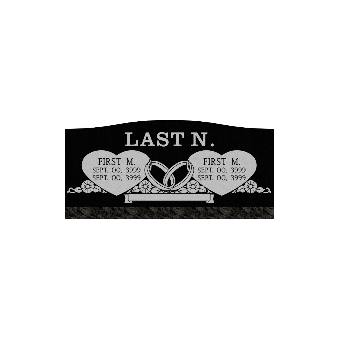 Emerson Monument Company Black Granite Slant Style Cemetery Headstone Memorial With Hearts and Wedding Rings