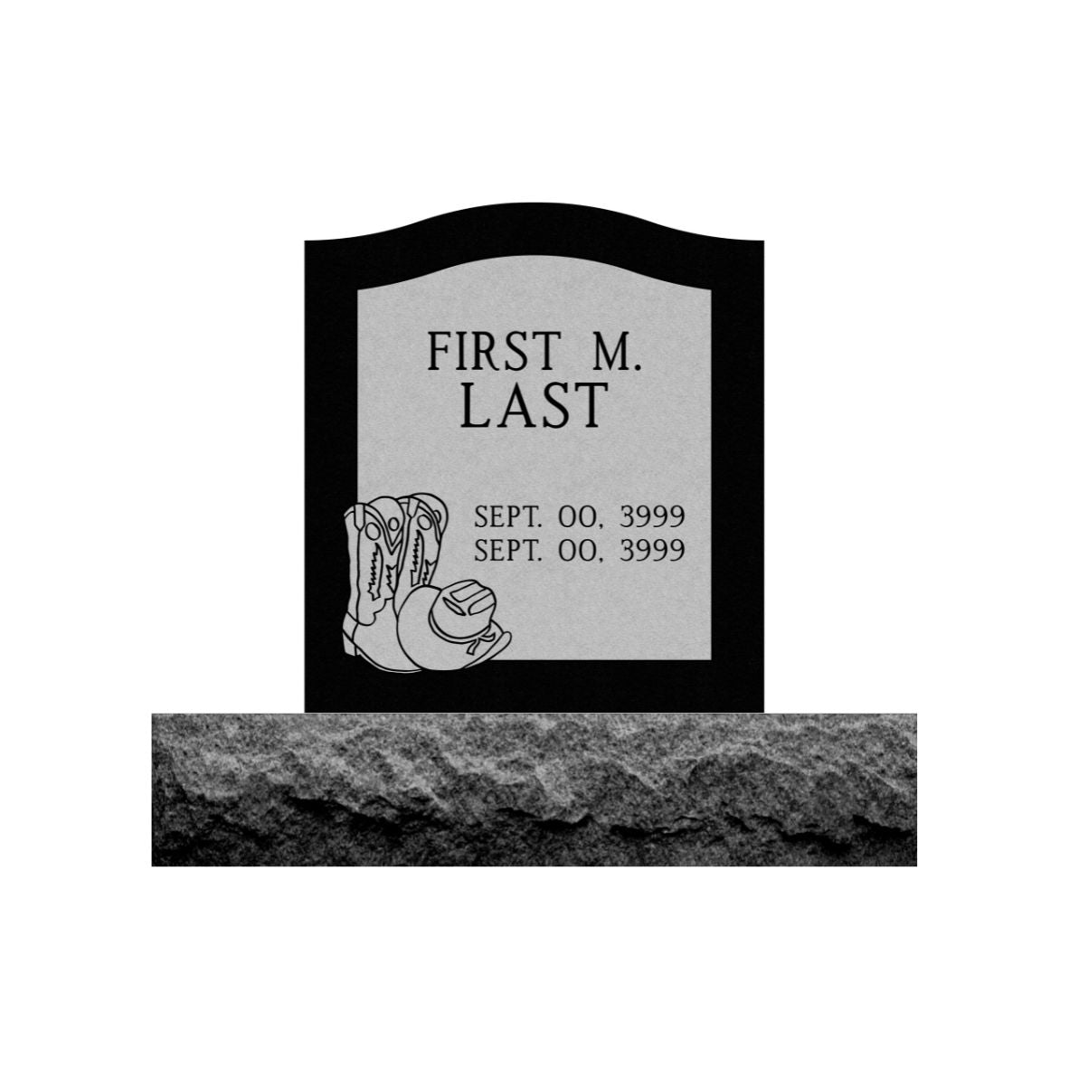 Emerson Monument Company Black Granite Upright Cemetery Memorial With Cowboy Hat and Cowboy Boots