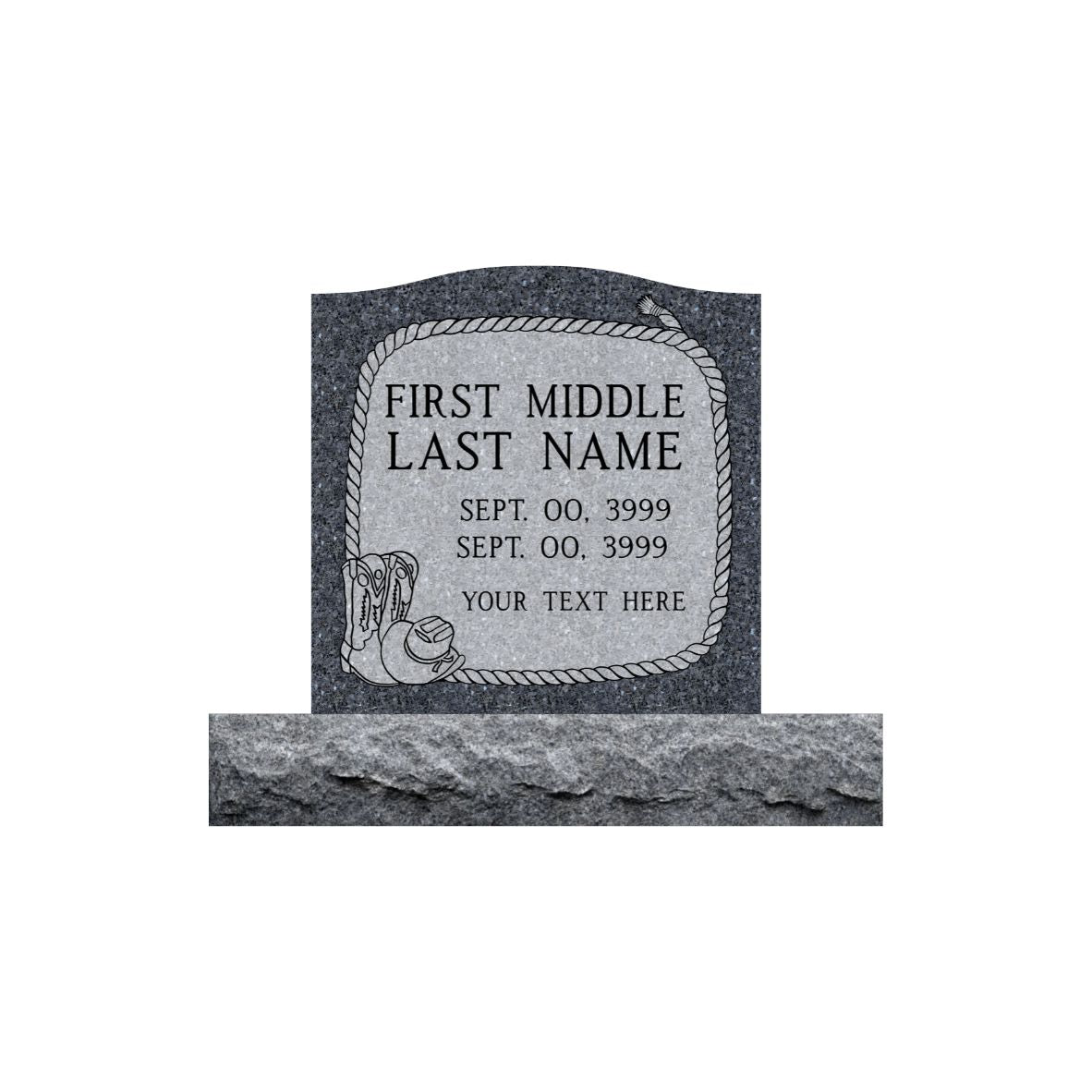 Emerson Monument Company Blue Pearl Granite Upright Memorial Headstone with Cowboy Boots and Cowboy Hat