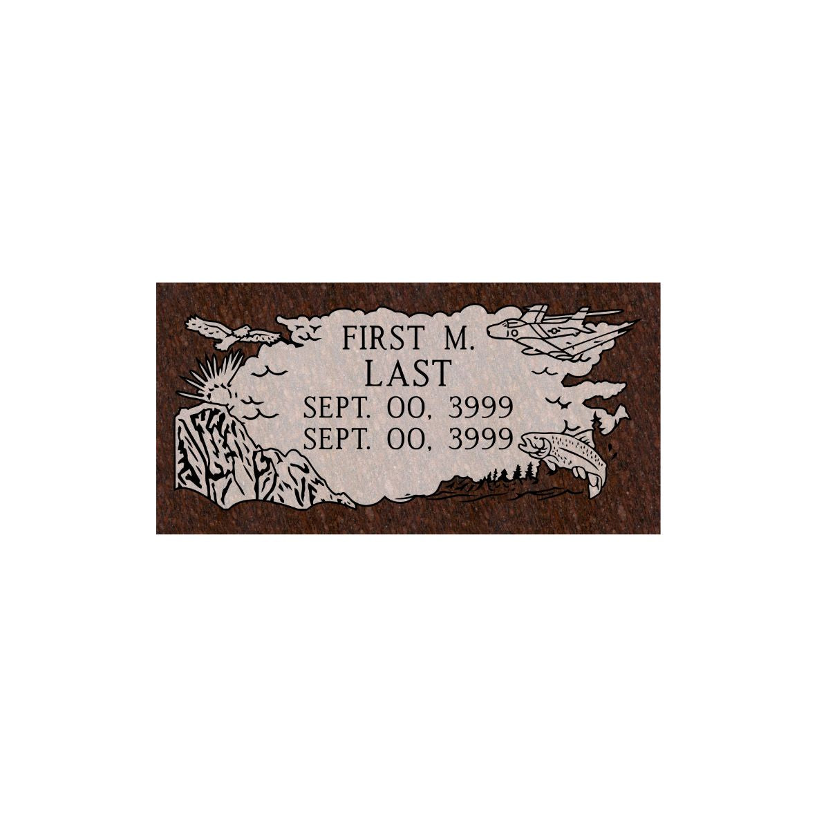 Emerson Monument Company Cat's Eye Red Granite Bevel Marker With Mountains airplane fish and eagle
