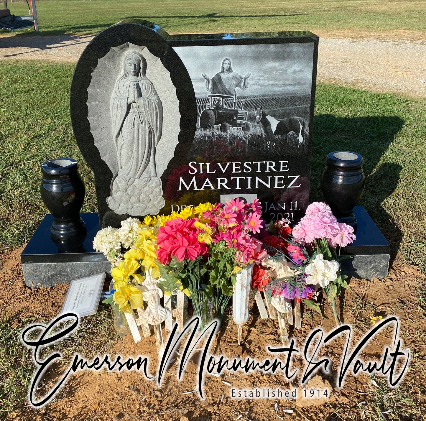 Emerson Monument Company Lady Guadalupe Upright Cemetery Memorial with Precision Etched Jesus and Farm Scene and Two 6x10 Turned Granite Vases