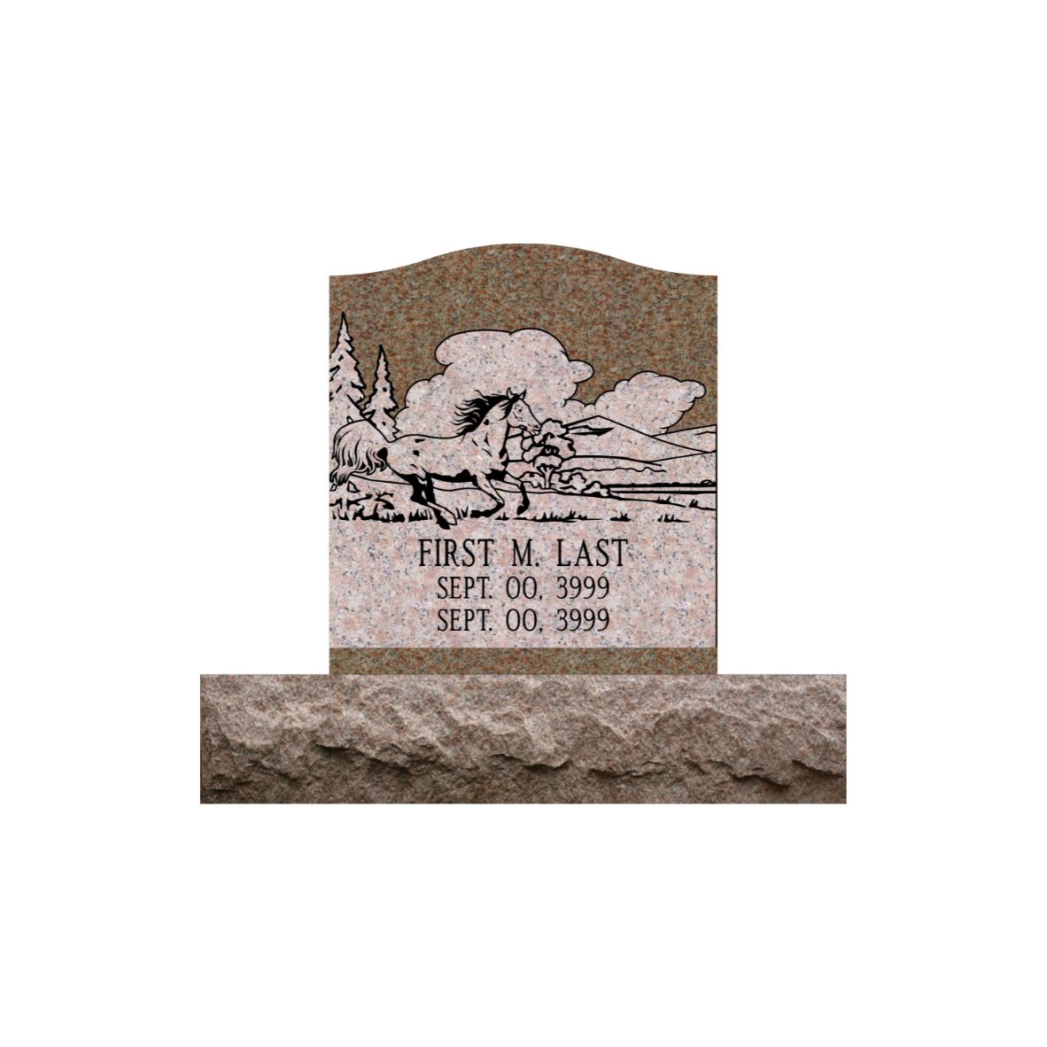 Emerson Monument Company Morning Rose Granite Single Upright Cemetery Memorial Headstone with Running Horse and Mountains