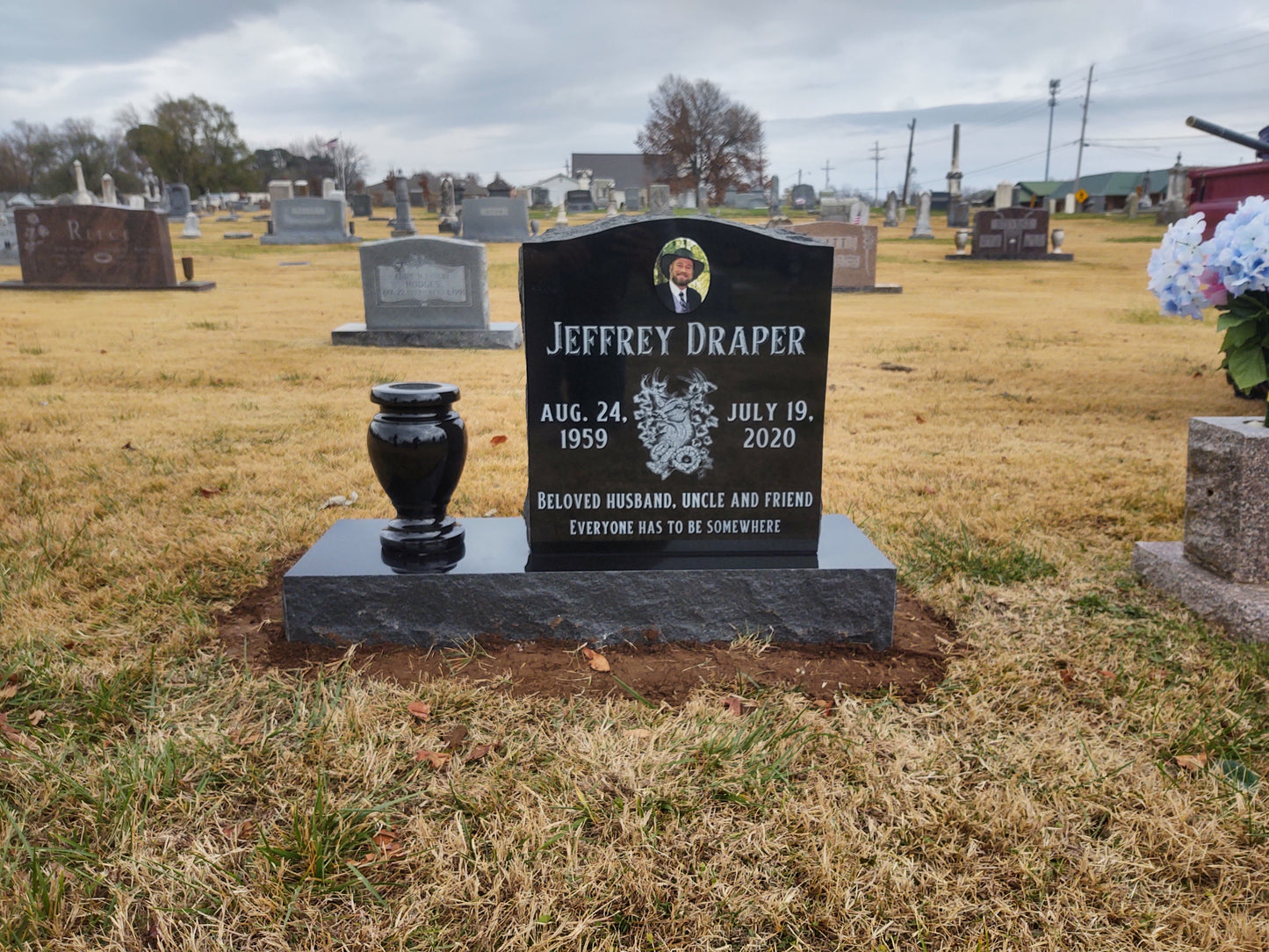 Emerson Monument Company Small Black Upright Monument featuring precision etching and a #3 photo for Draper