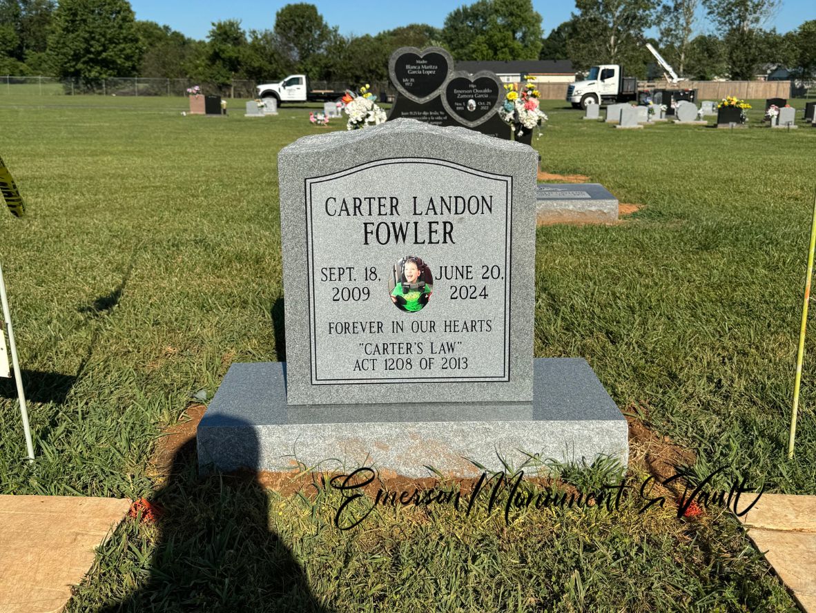 Emerson Monument Company Small Upright Memorial in Gray Granite for Carter Fowler