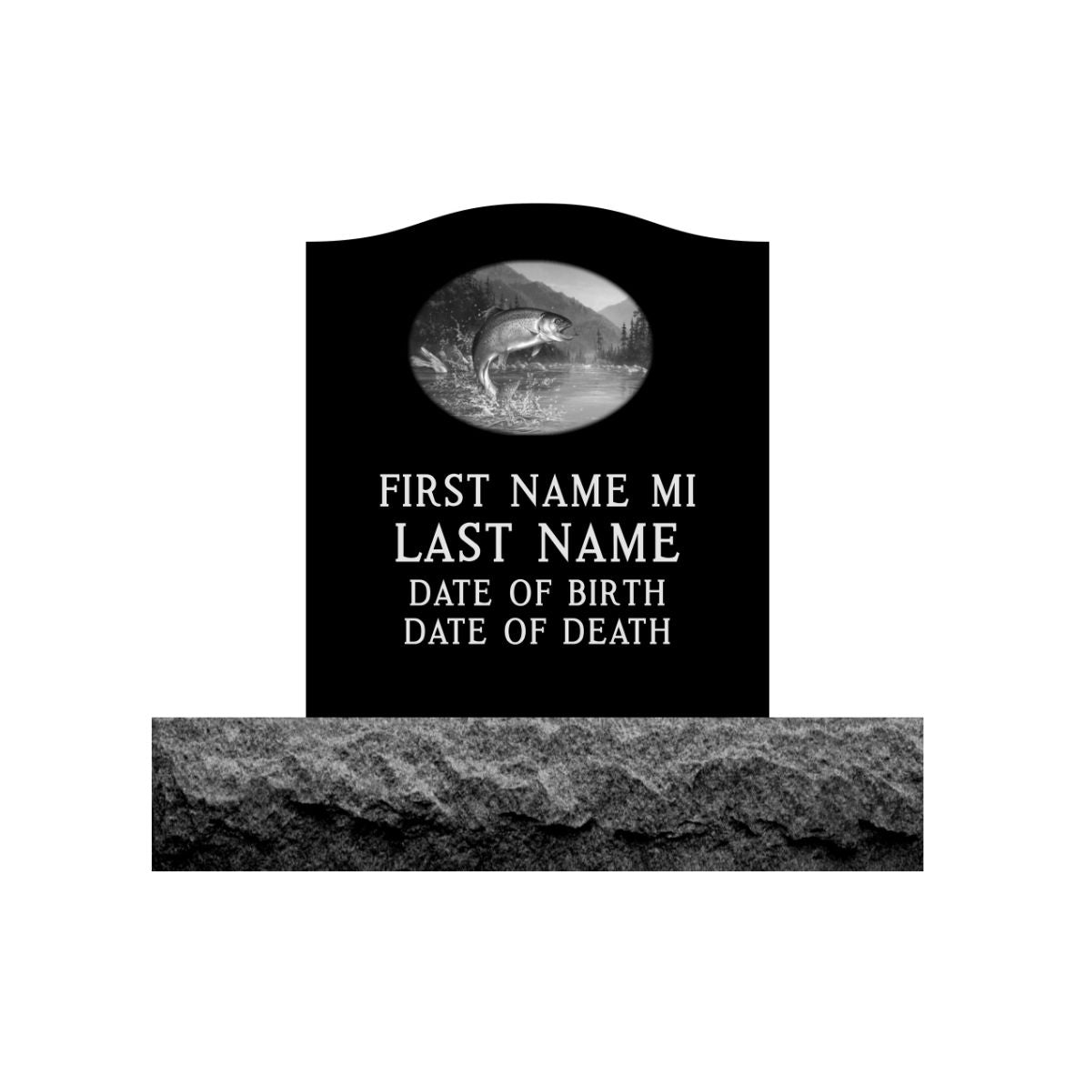 Emerson Monument Company Upright Black Granite Cemetery Headstone Memorial with Big Mouth Bass