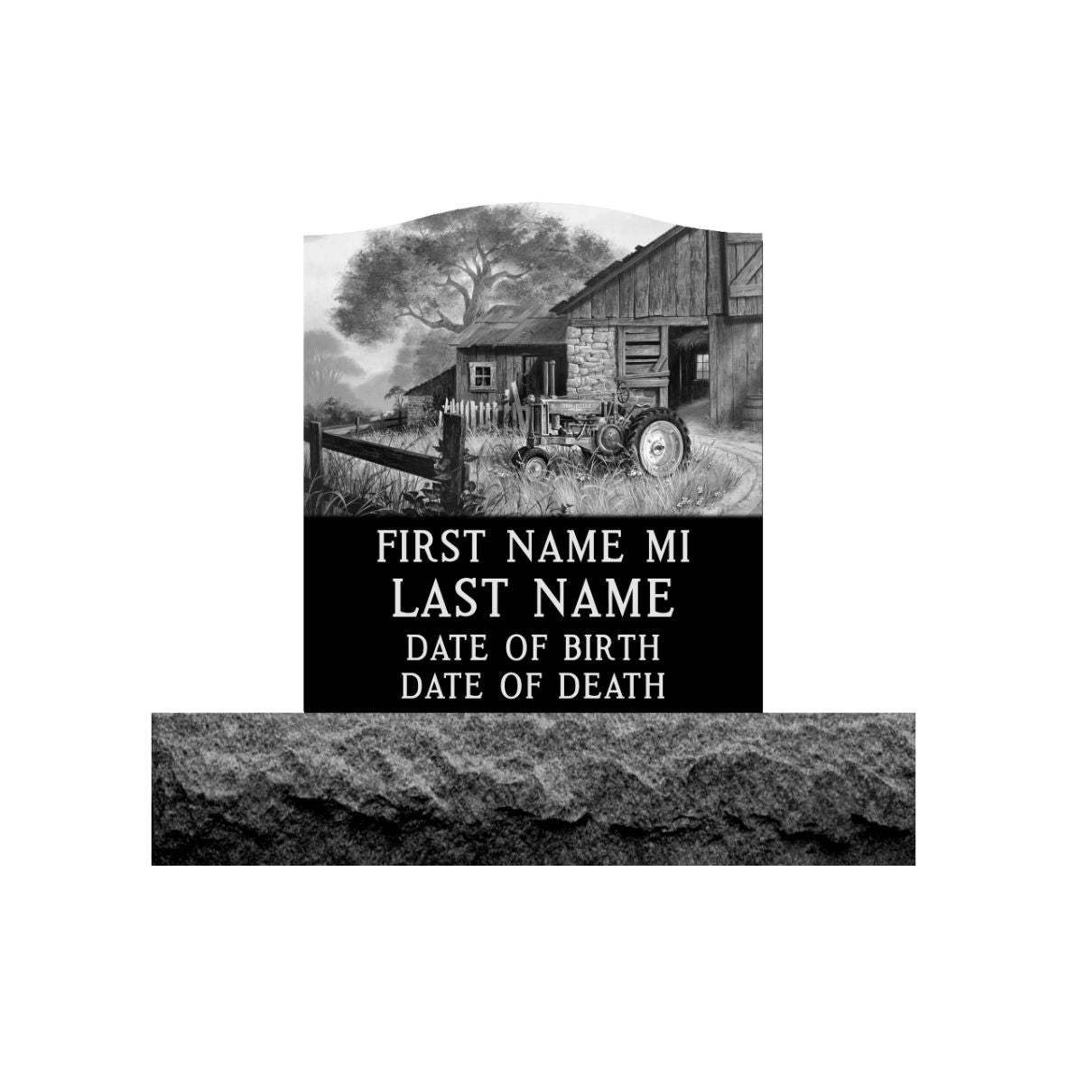 Emerson Monument Company Upright Black Granite Cemetery Headstone Memorial with Tractor and Barn