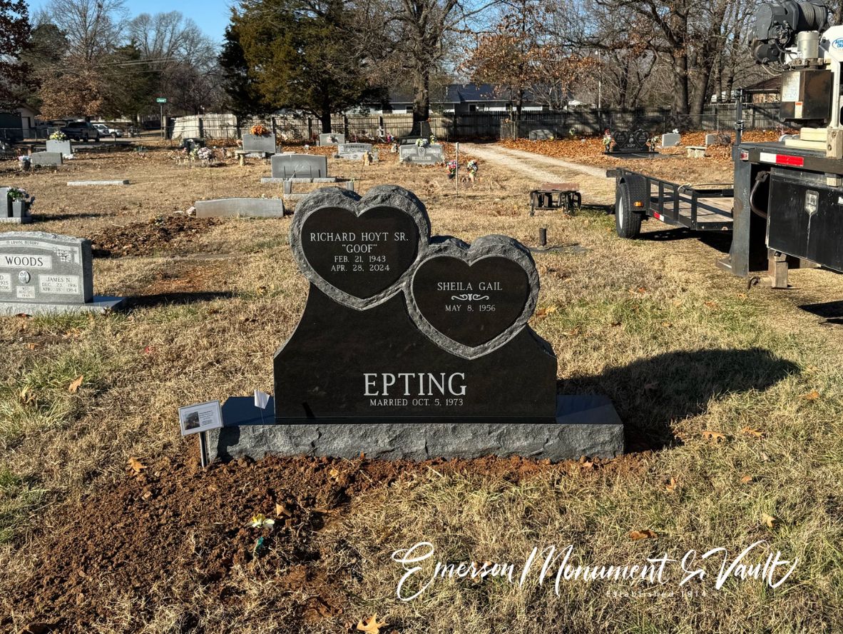 Emerson Monument Company Rustic Double Stacked Hearts Memorial Cemetery Headstone