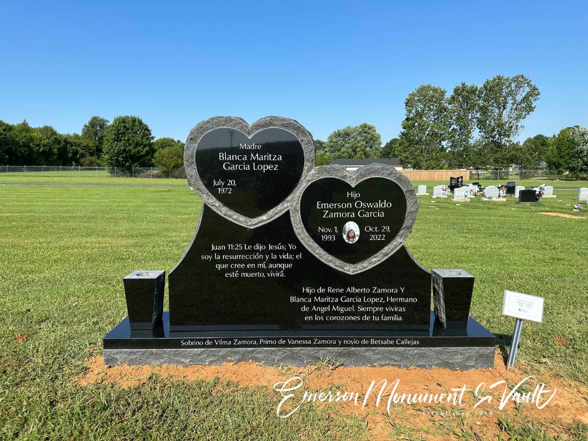 Emerson Monument Company Rustic Double Stacked Hearts Cemetery Memorial Headstone