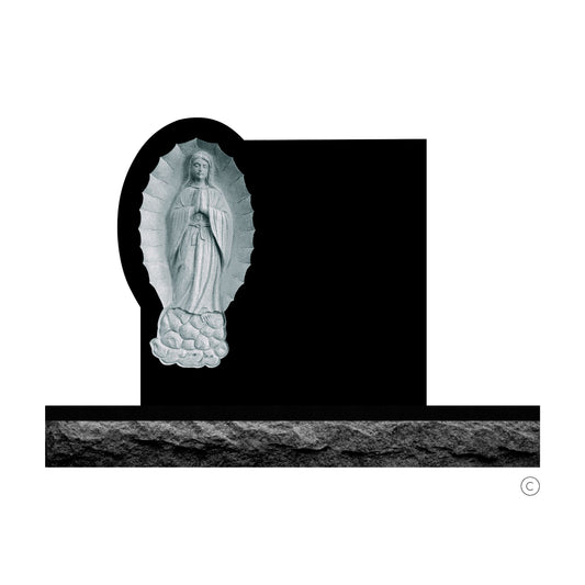 Emerson Monument Company Black Granite Headstone Cemetery Memorial Featuring Carved Lady Guadalupe