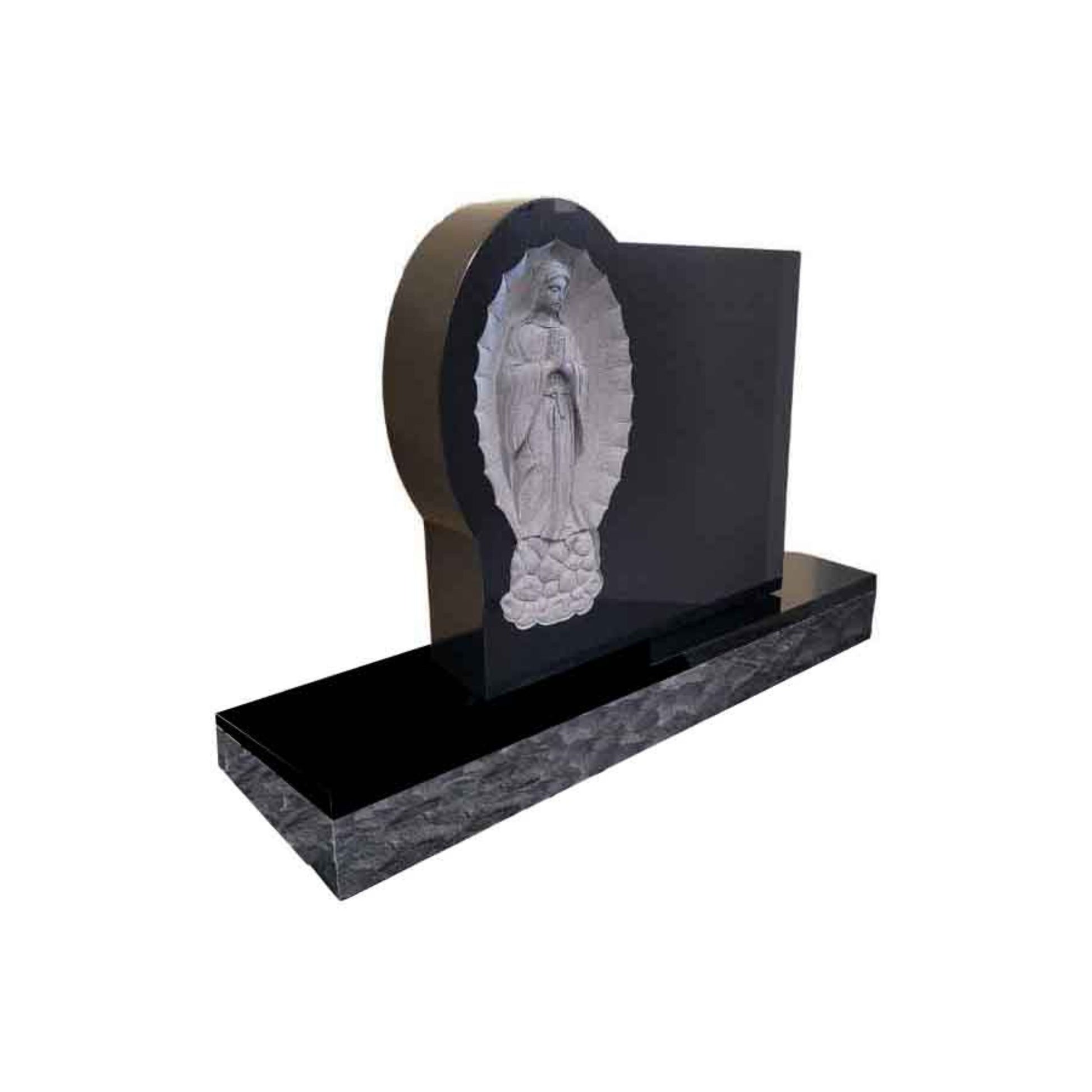 Emerson Monument Company Black Granite Headstone Cemetery Memorial Featuring Carved Lady Guadalupe