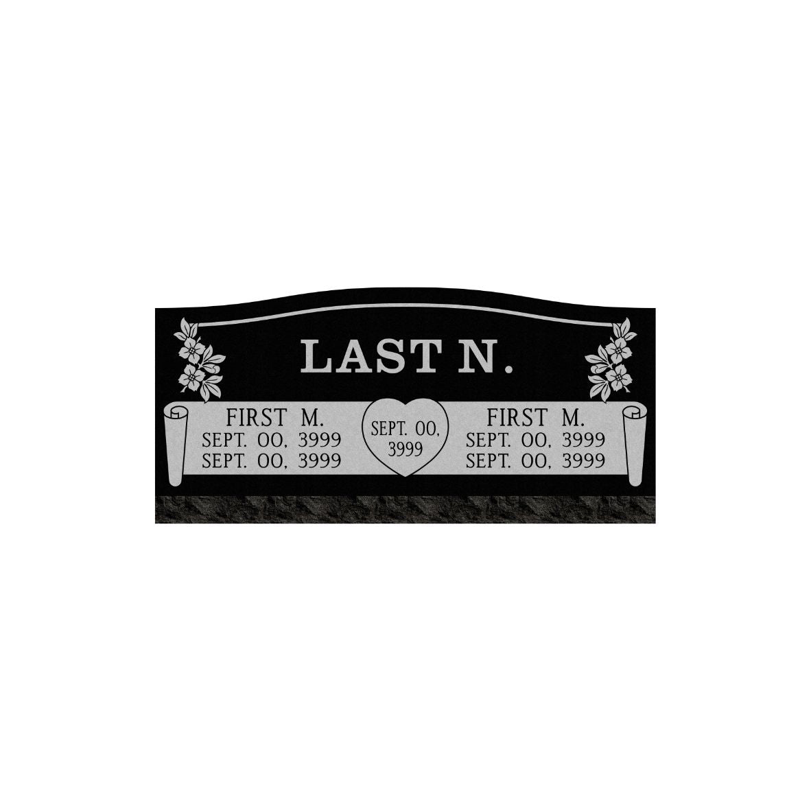 Emerson Monument Company Black Granite Slant Style Cemetery Memorial With flowers name scrolls and wedding heart