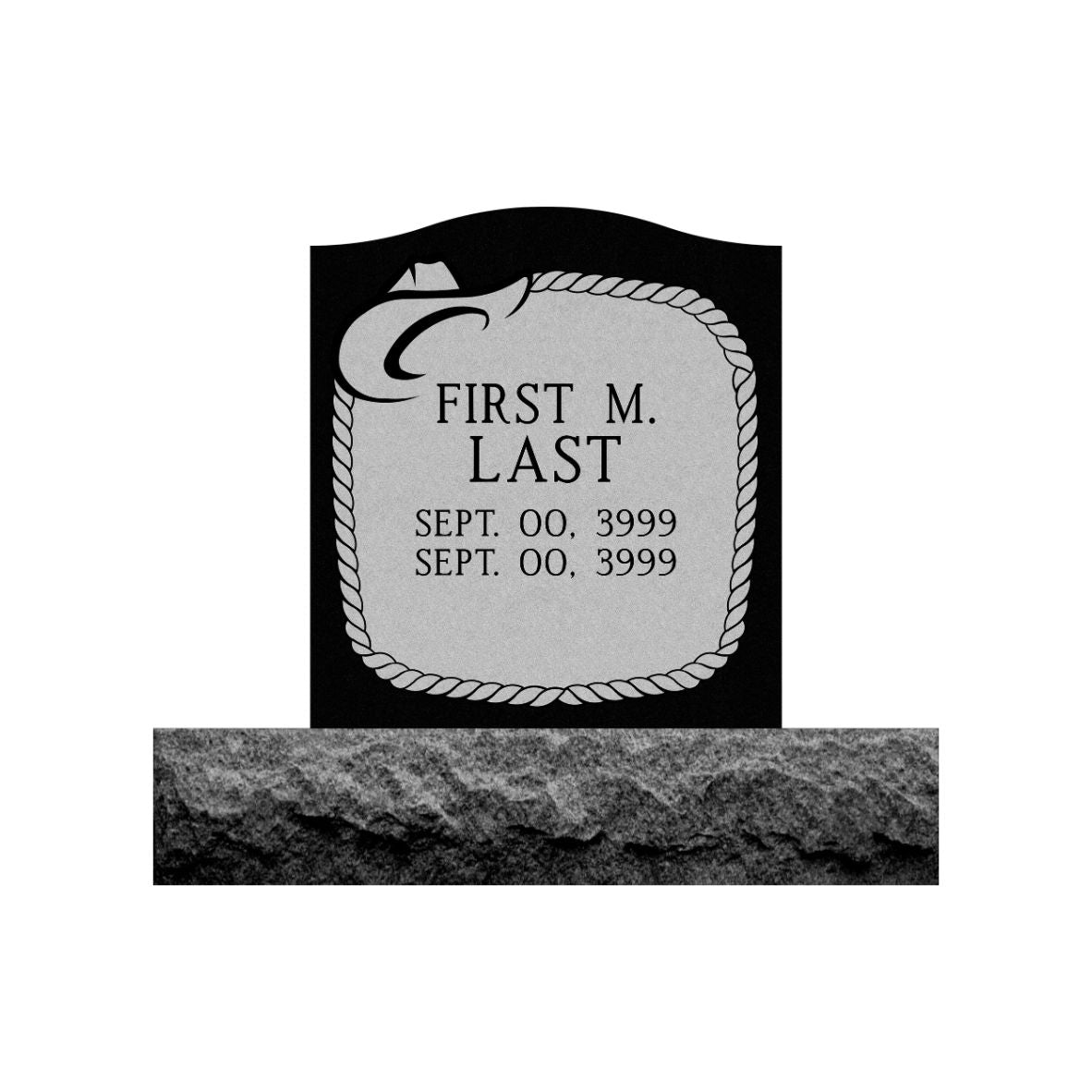 Emerson Monument Company Black Granite Upright Cemetery Memorial With Cowboy Hat and Rope
