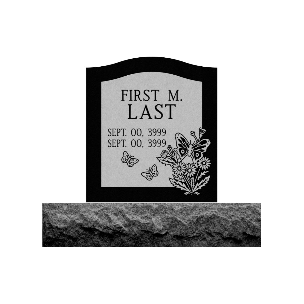 Emerson Monument Company Black Granite Upright Cemetery Memorial With Flowers and Butterflies