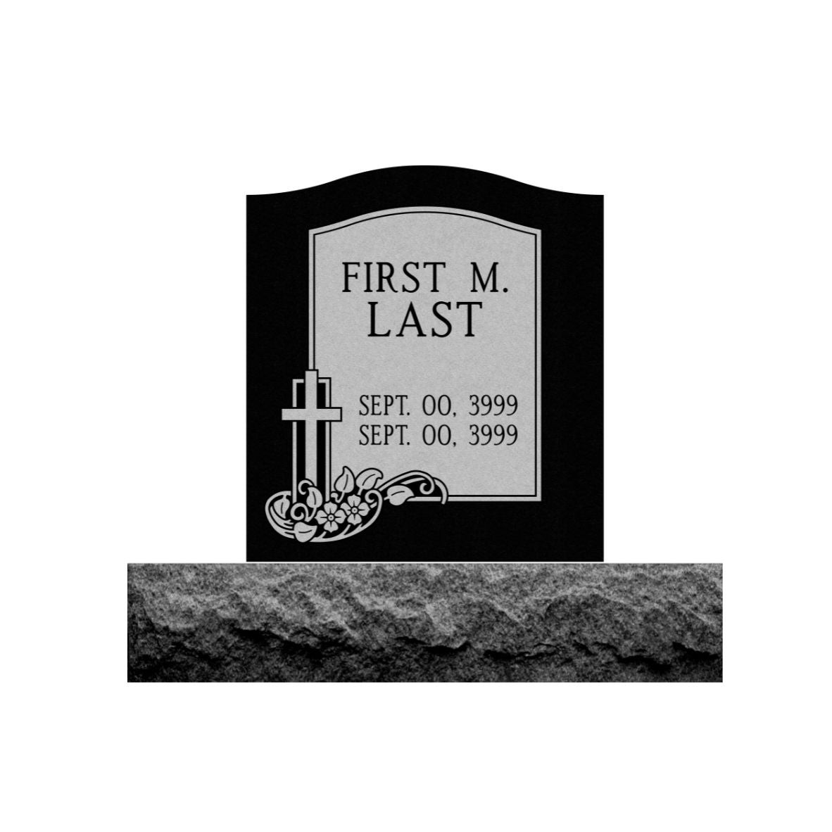 Emerson Monument Company Black Granite Upright Cemetery Memorial With Flowers and Cross