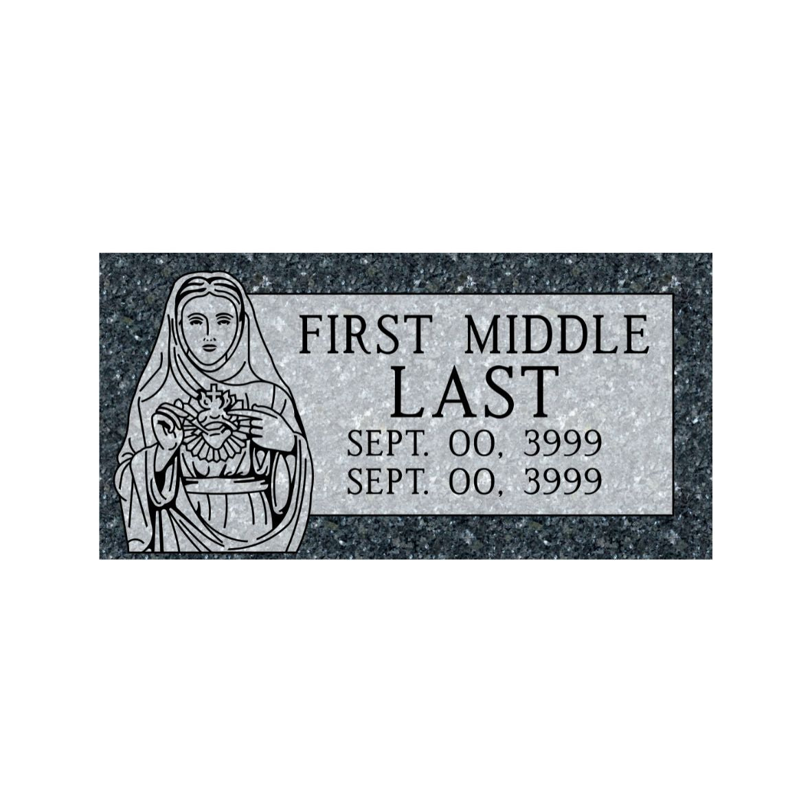 Emerson Monument Company Blue Pearl Granite Memorial Marker with the Lady Guadalupe or The Virgin Mary