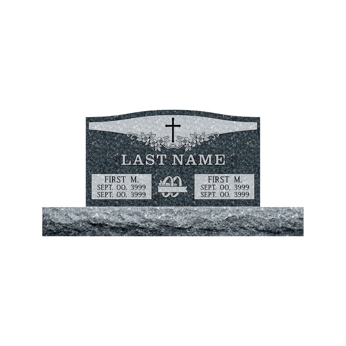 Emerson Monument Company Blue Pearl Granite Upright Memorial Headstone for Two People with Cross, Flowers and Rings