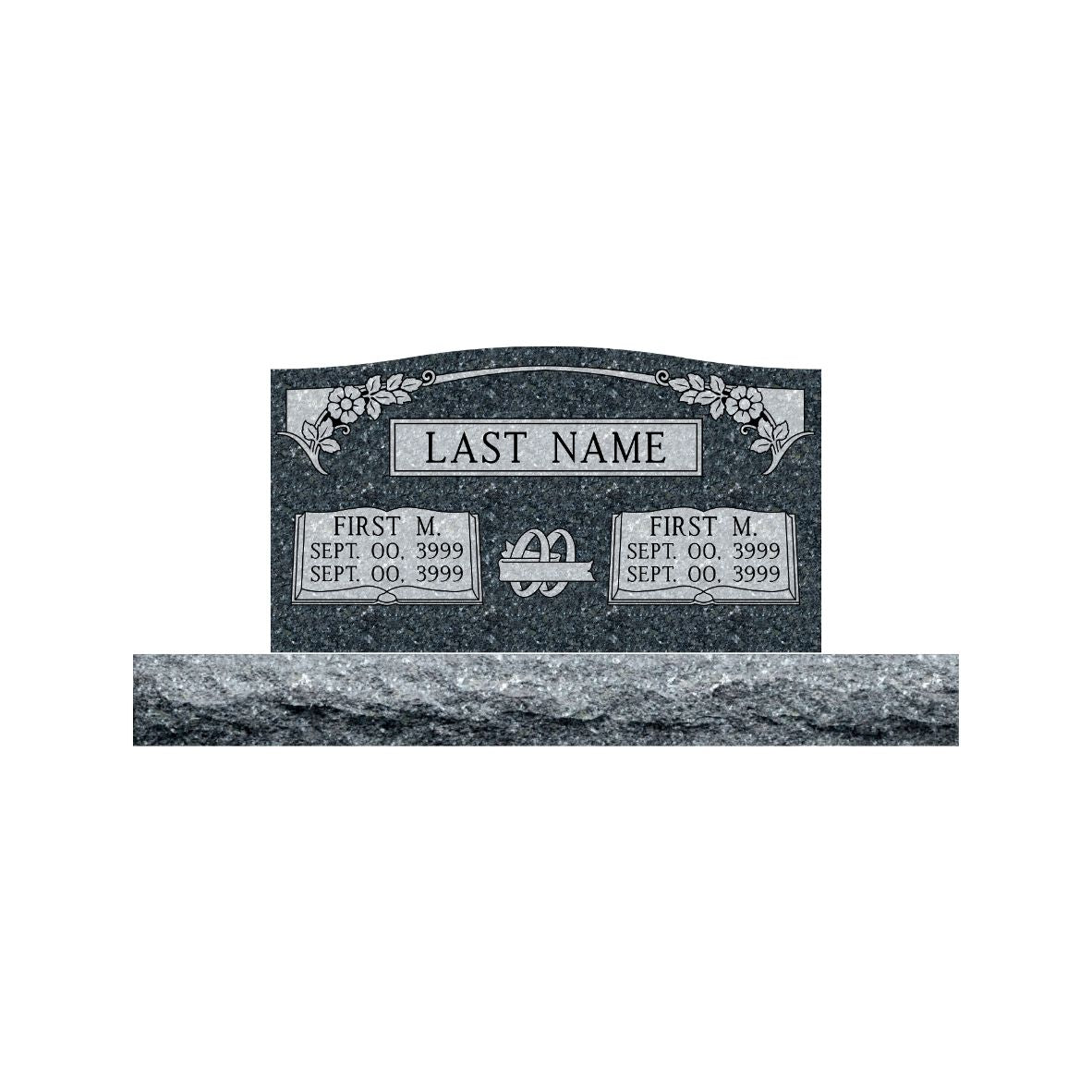 Emerson Monument Company Blue Pearl Granite Upright Memorial Headstone for Two People with Flowers, Open Books and Rings