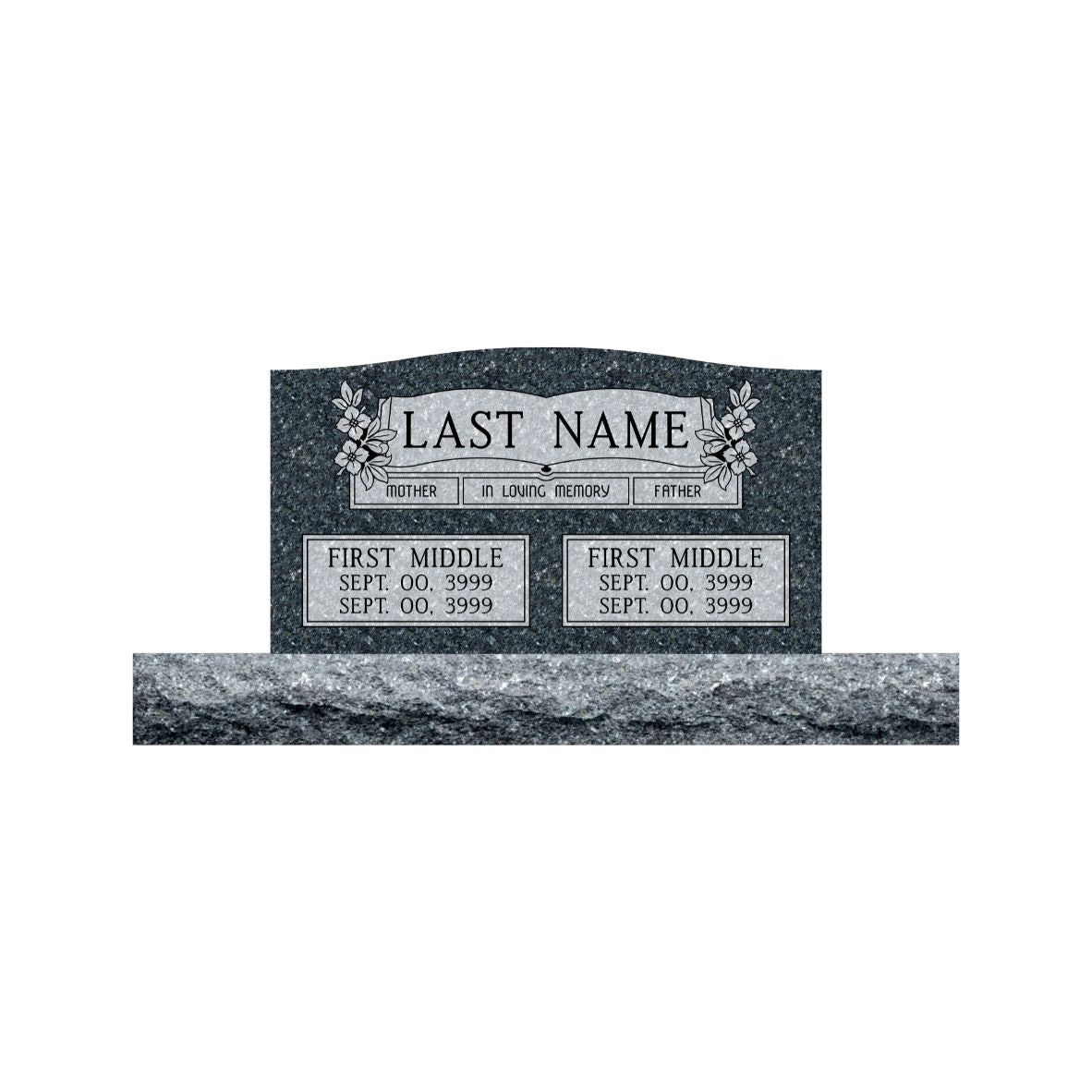 Emerson Monument Company Blue Pearl Granite Upright Memorial Headstone for Two With Flowers, Open Book and Mother and Father Panels