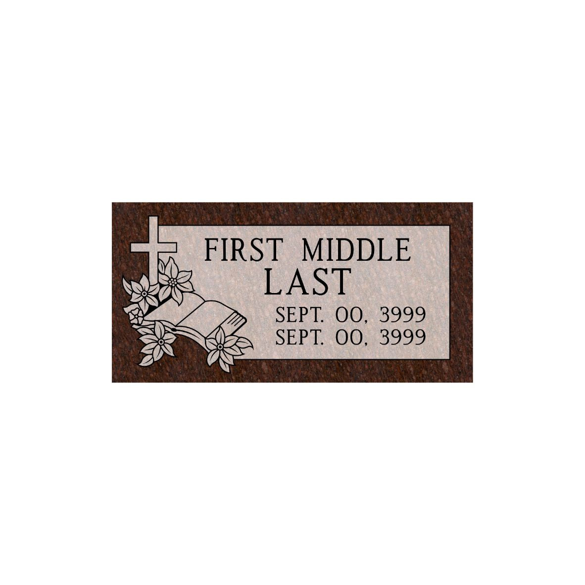 Emerson Monument Company Cat's Eye Red Granite Marker Memorial Headstone with Cross Flowers and Bible
