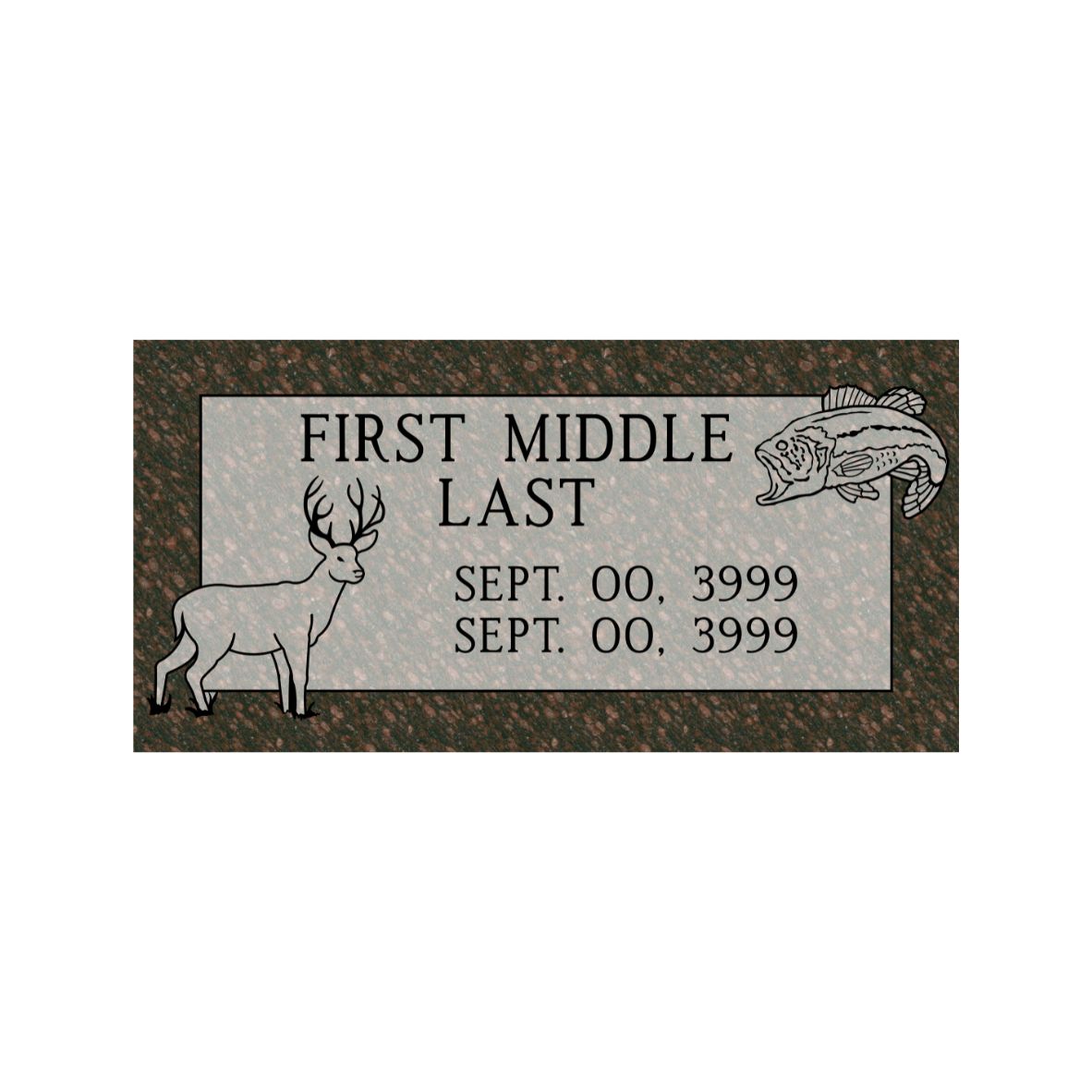Emerson Monument Company Cats Eye Brown Granite Marker With Deer and Bass Fish For Cemetery