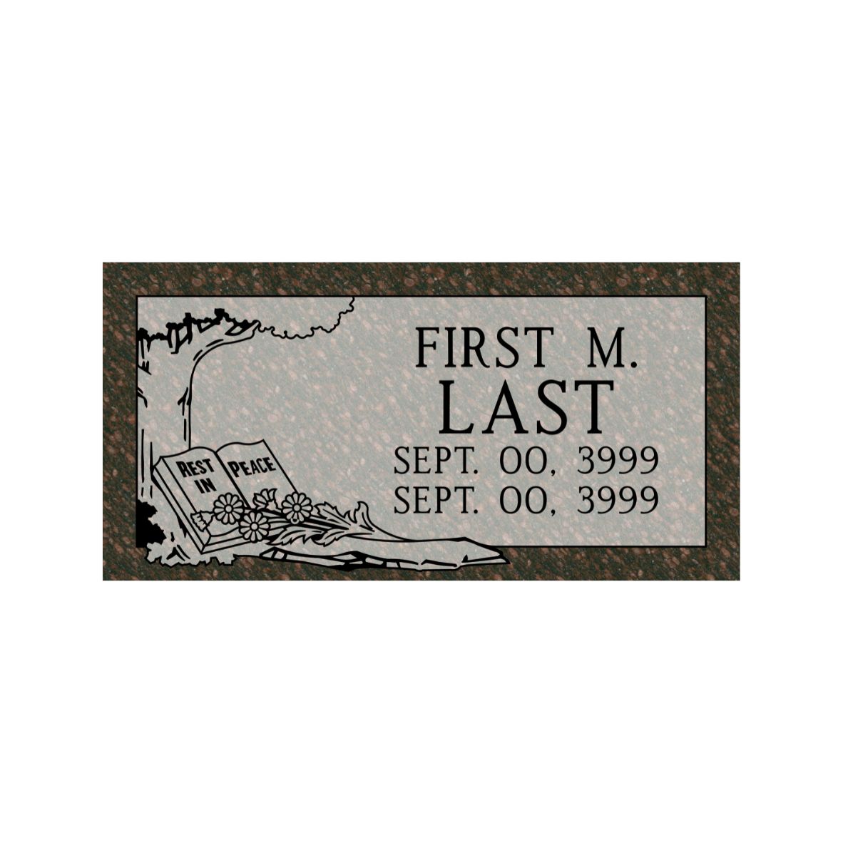 Emerson Monument Company Cats Eye Brown Granite Marker With Tree Bible and Flowers for Cemetery