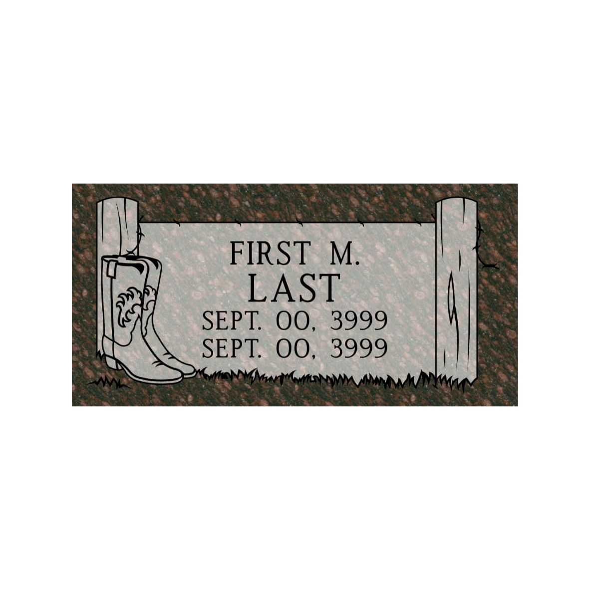 Emerson Monument Company Cats Eye Brown Granite Marker with Cowboy Boots and Fence for Cemetery