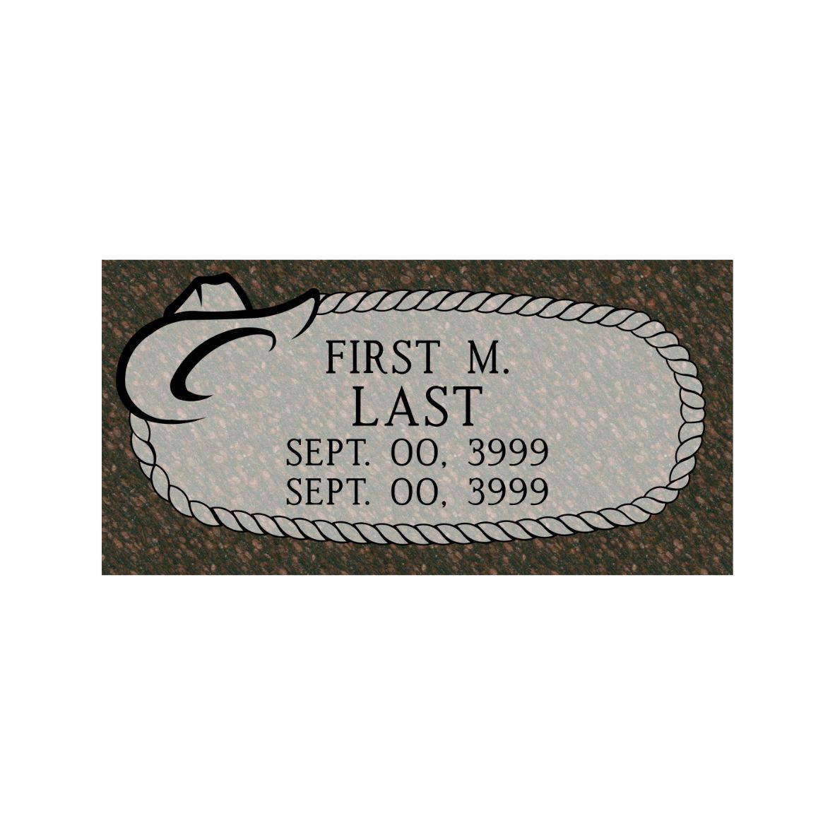 Emerson Monument Company Cats Eye Brown Granite Marker with Cowboy Hat and Rope for Cemetery