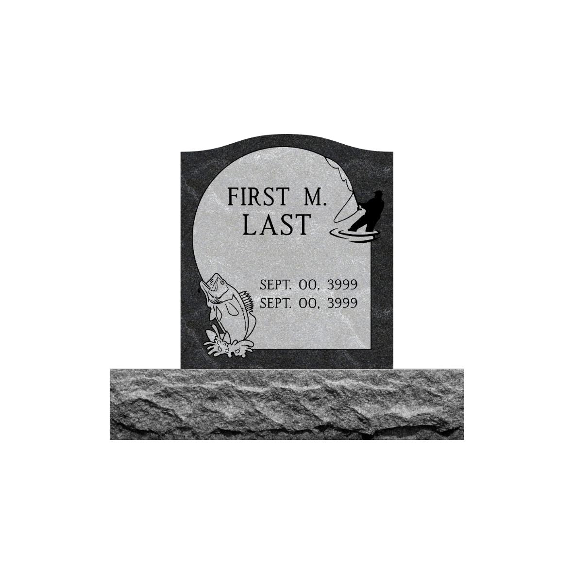 Emerson Monument Company Ebony Mist Granite Single Upright Cemetery Memorial Headstone with Bass Fish and Fishing Person