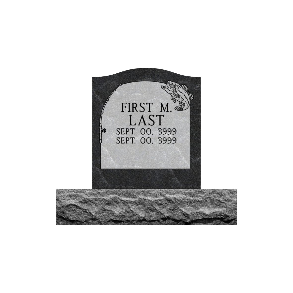 Emerson Monument Company Ebony Mist Granite Single Upright Cemetery Memorial Headstone with Bass Fish and Fishing Pole