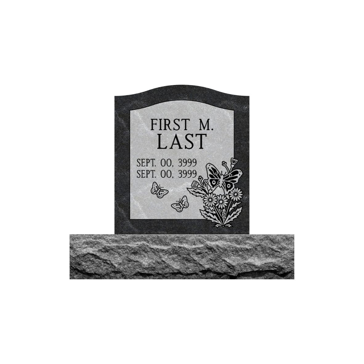 Emerson Monument Company Ebony Mist Granite Single Upright Cemetery Memorial Headstone with Daisy Flowers and Butterflies