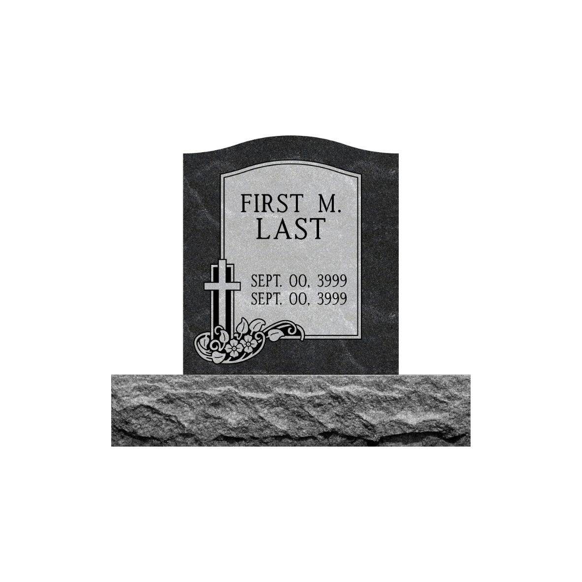 Emerson Monument Company Ebony Mist Granite Single Upright Cemetery Memorial Hedastone with Daisy Flowers and a Cross