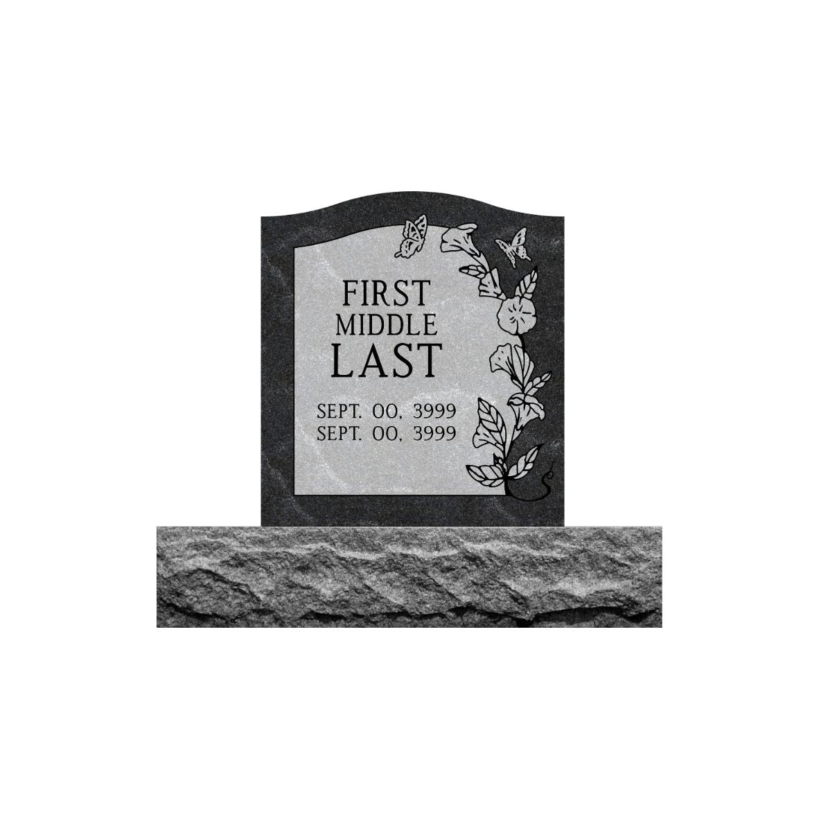 Emerson Monument Company Ebony Mist Granite Single Upright Cemetery Memorial Headstone with Honey Suckle Flowers and Hummingbirds