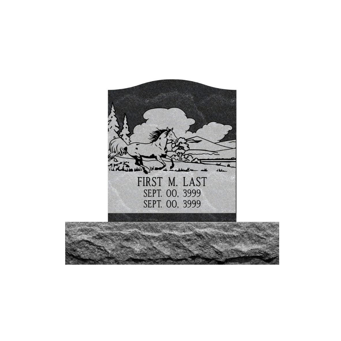 Emerson Monument Company Ebony Mist Granite Single Upright Cemetery Memorial Headstone with Running Horse and Mountains