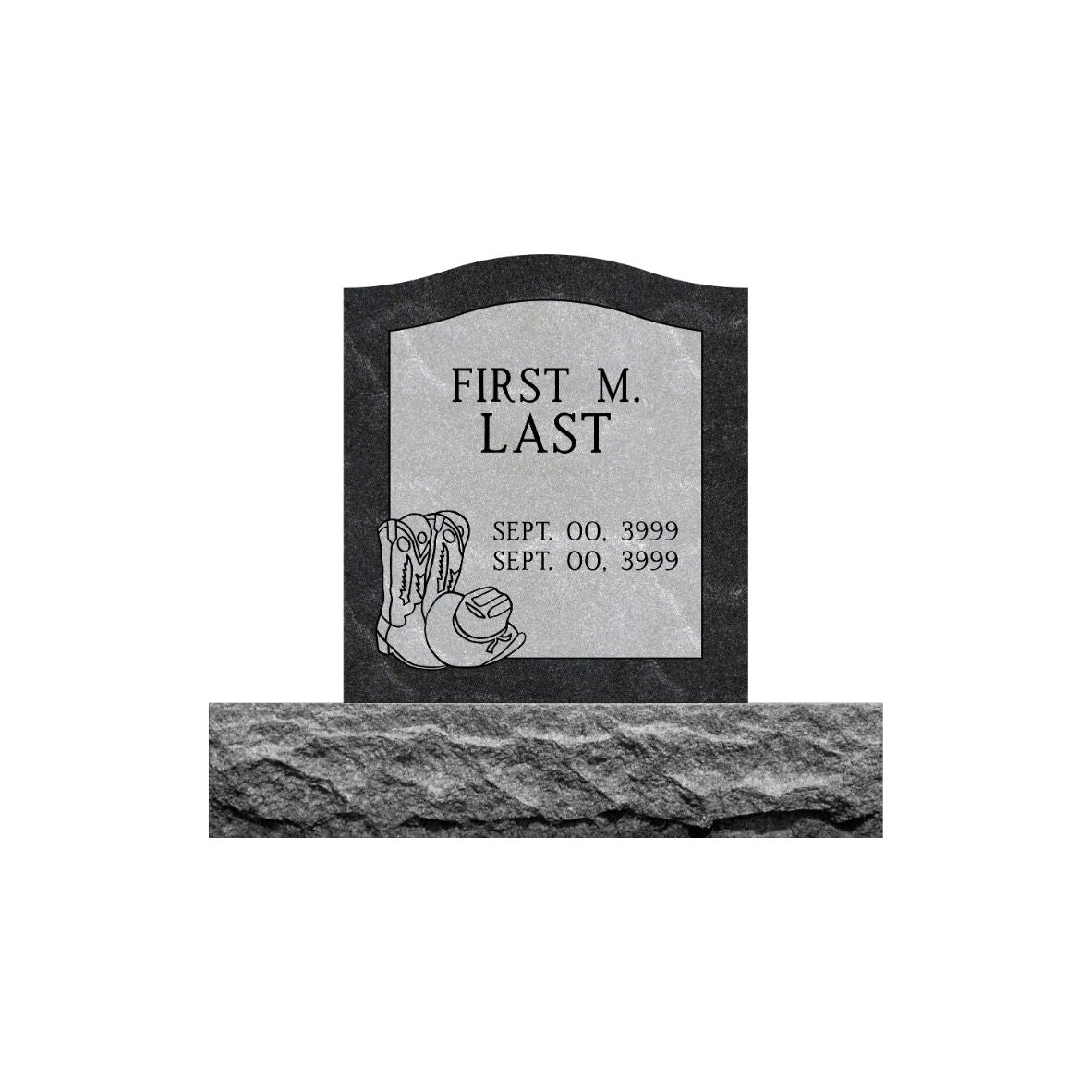 Emerson Monument Company Ebony Mist Granite Single Upright Cemetery Memorial Headstone with a  Cowboy Hat and Cowboy Boots