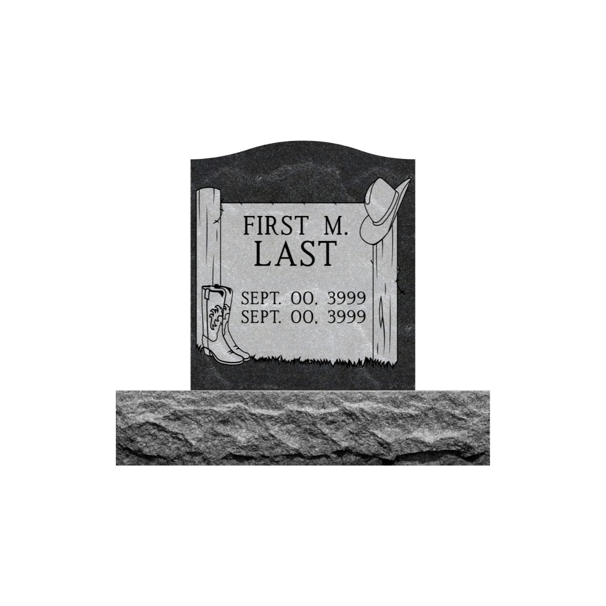 Emerson Monument Company Ebony Mist Granite Single Upright Cemetery Memorial Headstone with a  Fence Post Cowboy Hat and Cowboy Boots