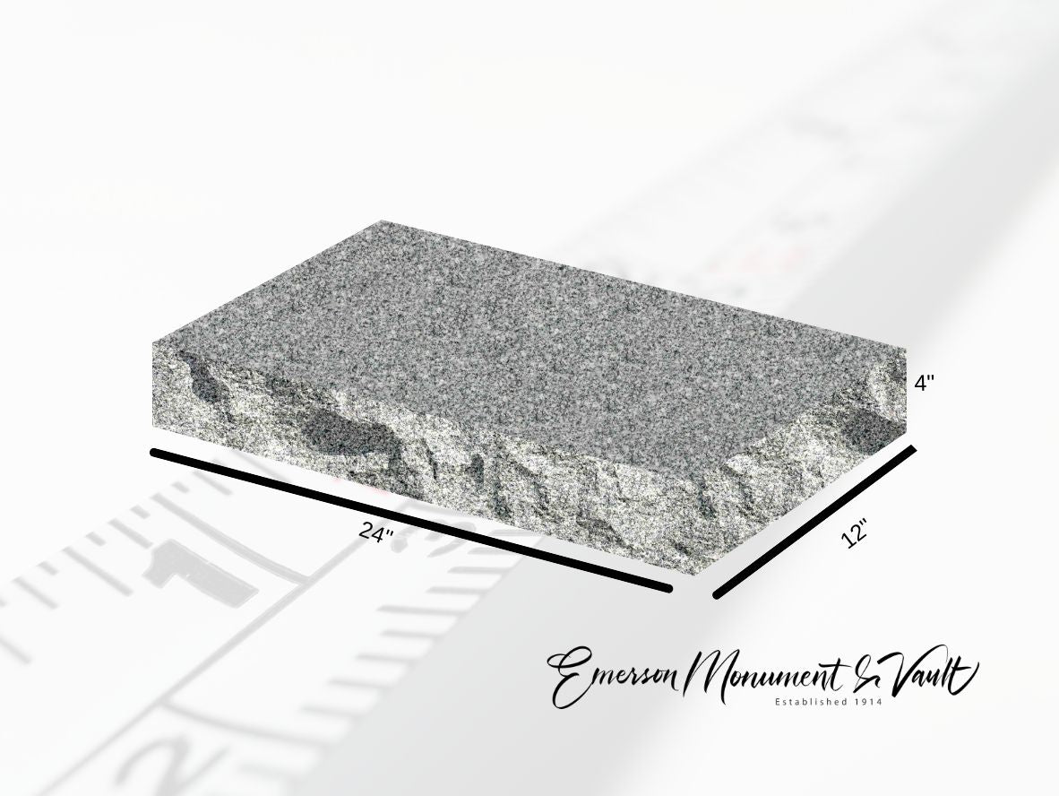 Emerson Monument Company image of flat gray granite marker with dimensions 24" long x 12" wide x 4" tall indicated in image