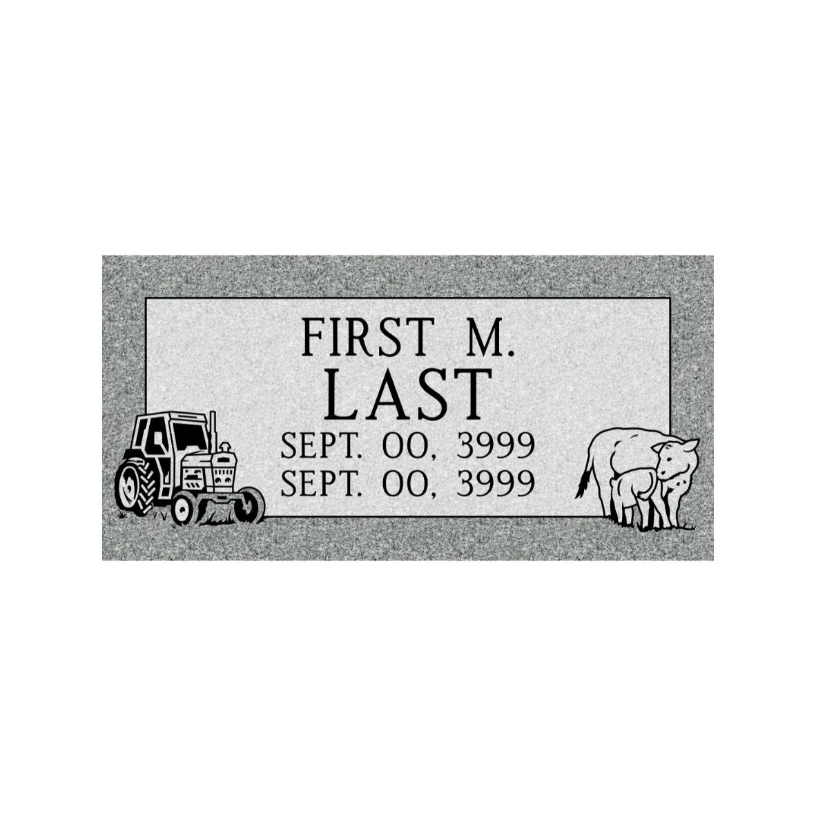 Emerson Monument Company Gray Granite Cemetery Headstone Marker with Tractor and Cows