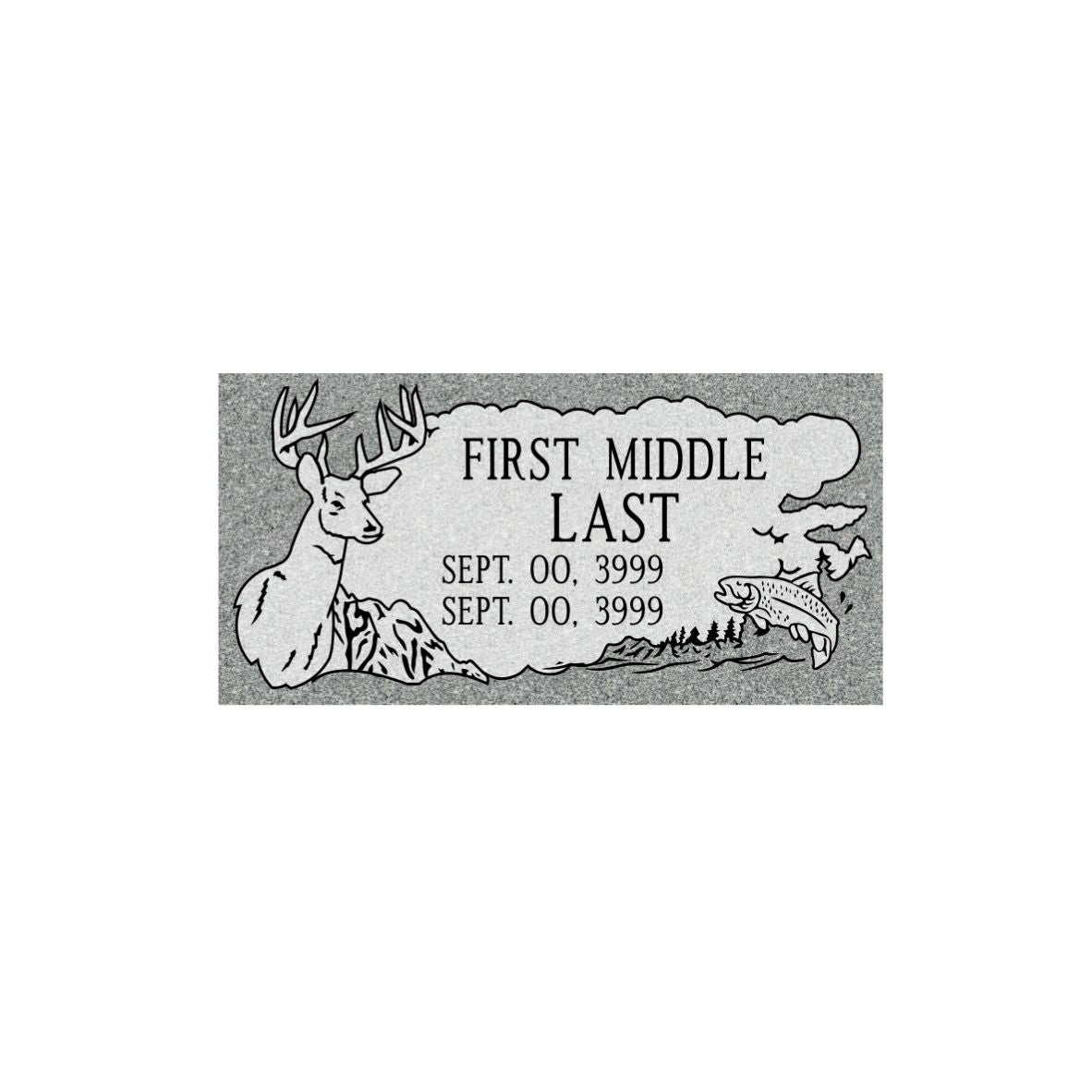 Emerson Monument Company Gray Granite Cemetery Memorial Marker With Deer Mountains and Trout