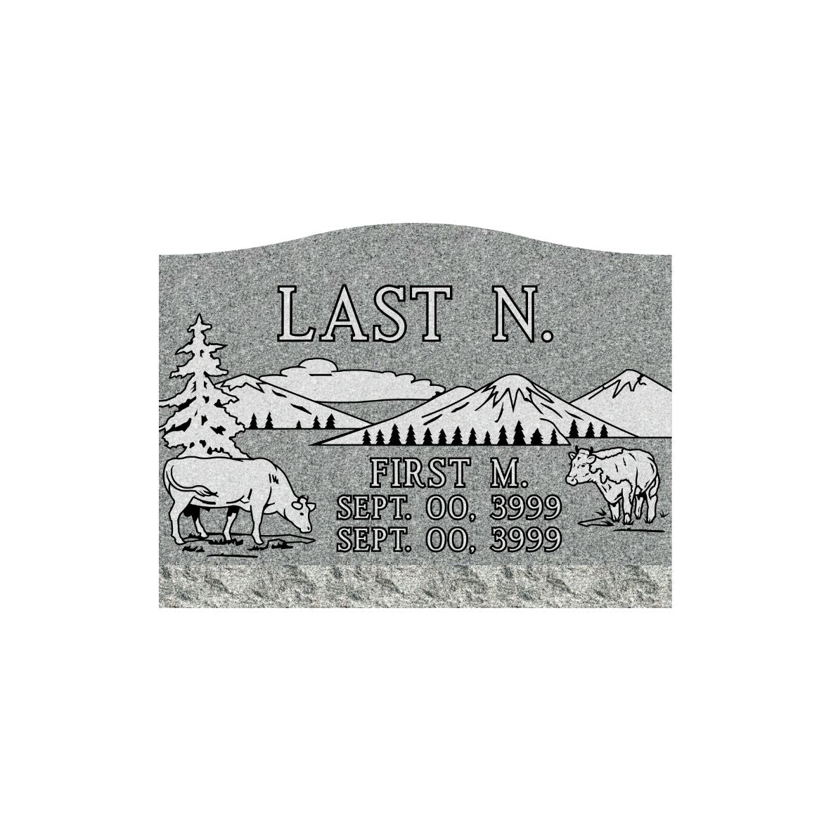 Emerson Monument Company Gray Granite Single Slant Style Cemetery Memorial with cows and Mountains