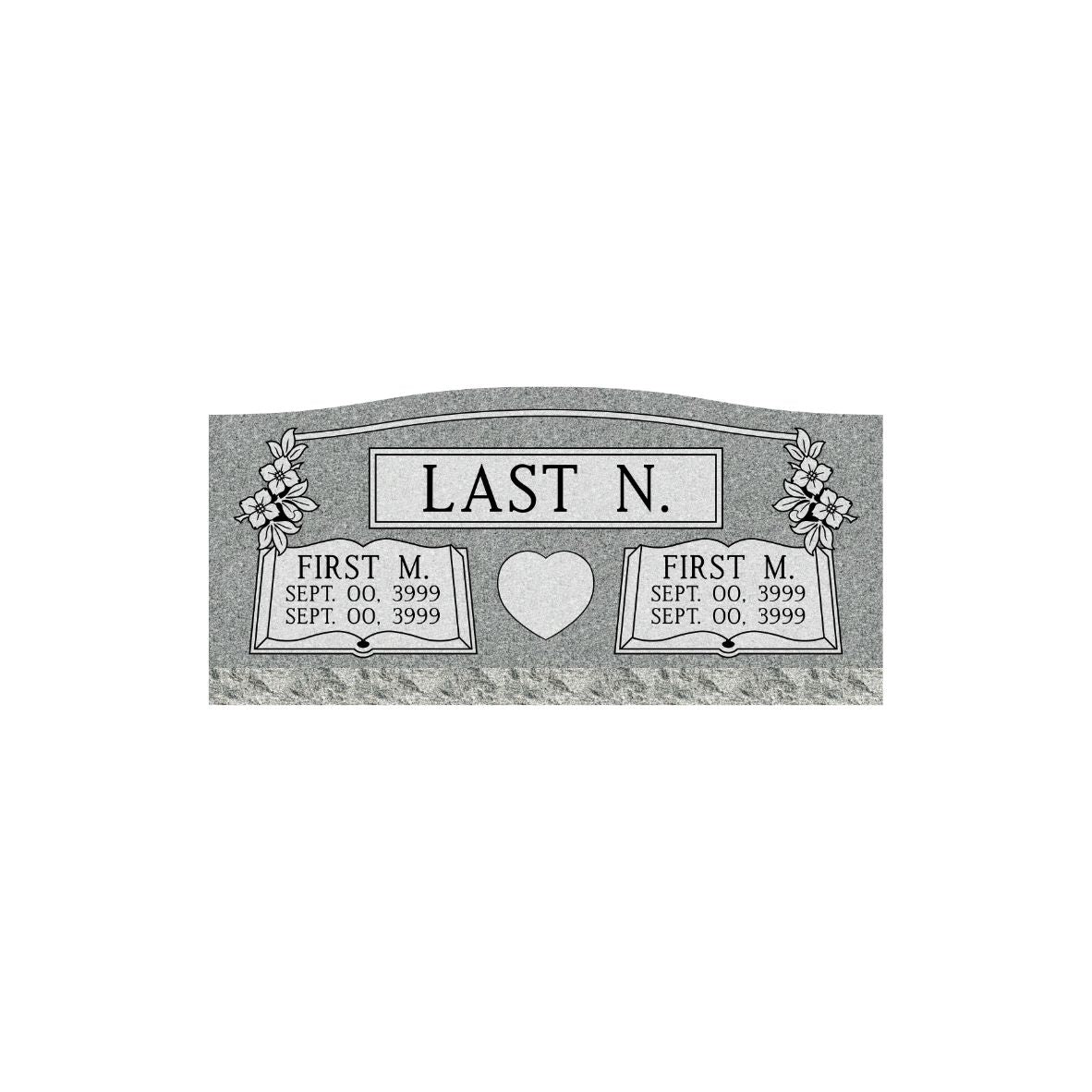 Emerson Monument Company Gray Granite Slant Style Cemetery Memorial With Open Books and Wedding Heart